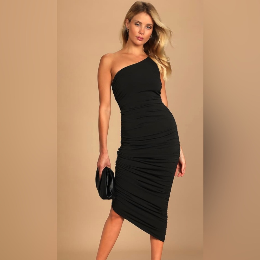 Black Ruched One-Shoulder Bodycon Midi Dress